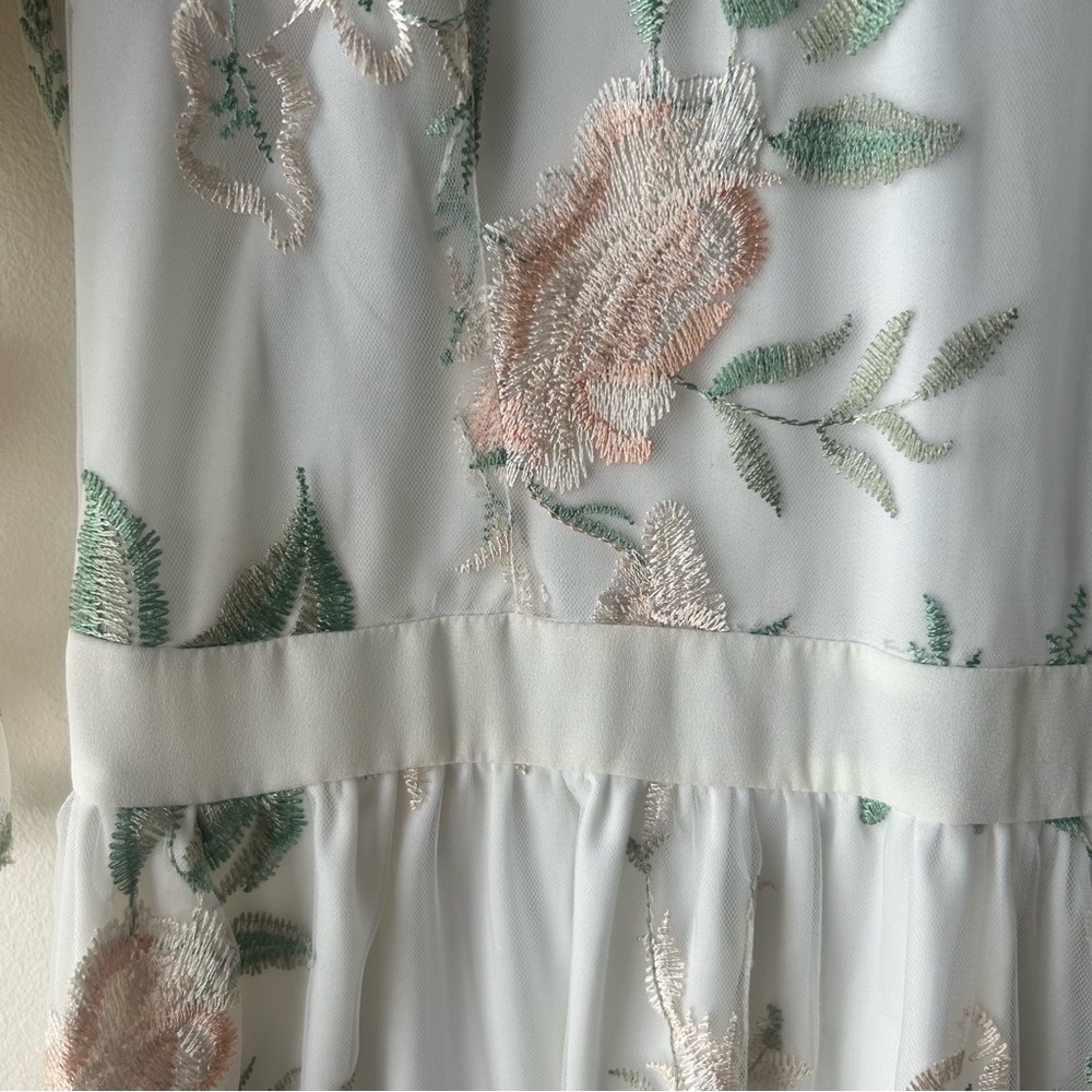 Polagram Floral Appliqué Tulle Midi Dress White Green Pink M - Picture 10 of 12